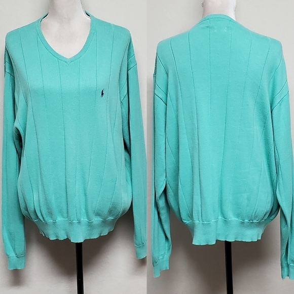 90s Vintage Polo Ralph Lauren Mint Green Wide Ribbed Knit V-neck Sweater Jumper